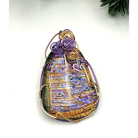 Handcrafted Iridescent Wire Wrapped Pendant With Purple & Gold Accents - Picture 1 of 4